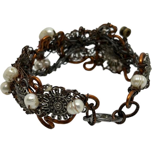 Artisan Handcrafted Gunmetal Filigree Pearl Wire Wrapped Victorian Gothic - Picture 6 of 10